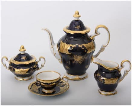 Кофейный фарфоровый сервиз Кобальт с золотом Weimar Porcelain на 12 персон 27 предметов. Эксклюзивный фарфор