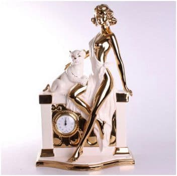 Часы Золотая девушка с белоснежной пантерой с золотом. Ahura. Высота 55 см