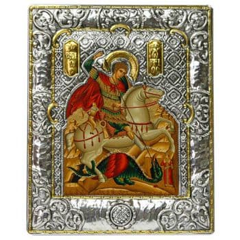 Икона Святой Георгий Победоносец в серебряном окладе Размер 15 х 12 см.