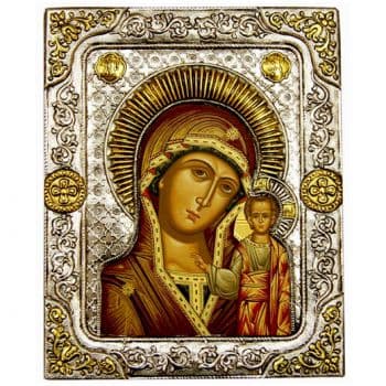 Икона Казанская икона Божией Матери в серебряном окладе Размер 19x15 см.