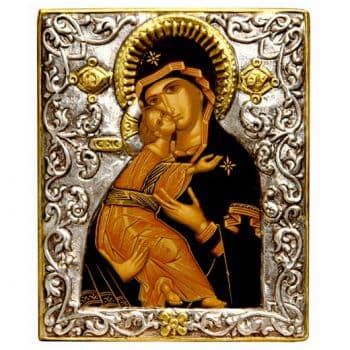 Владимирская икона Божией Матери в серебряном окладе Размер 11 х 9 см.