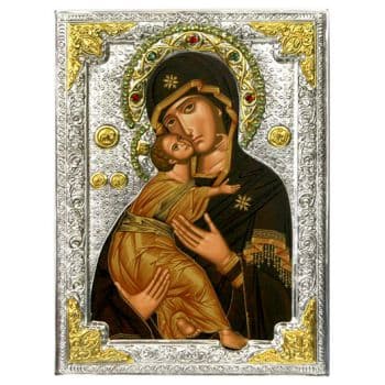 Владимирская икона Божией Матери в серебряном окладе со стразами Размер 26х19 см.