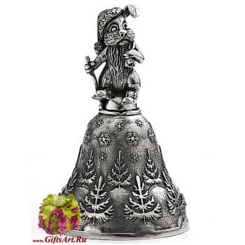 Колокольчик из серебра Зайка с подарками. Серебро 925 пробы. Россия.
