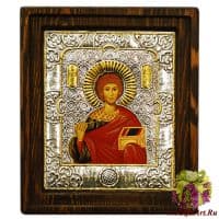 Икона Святой Великомученик и целитель Пантелеимон в серебряном окладе Размер 16 х 14 см.