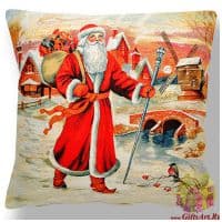Наволочка гобеленовая новогодняя. Дед Мороз спешит поздравить. Размер 50х50 см.