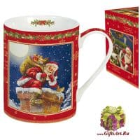 Кружка фарфоровая большая &quot;Дед мороз на трубе&quot; 300 мл Подарочная упаковка