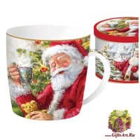 Кружка фарфоровая большая Дед Мороз у ёлки с кружкой чая. 350 мл Подарочная жестяная упаковка
