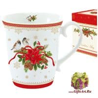 Кружка фарфоровая большая &quot;Пуансетия на белом&quot; 275 мл Подарочная упаковка