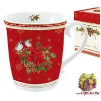 Кружка фарфоровая большая &quot;Пуансетия на красном&quot; 275 мл Подарочная упаковка