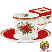 Чайная пара фарфоровая большая &quot;Пуансетия на белом&quot; 200 мл Подарочная упаковка