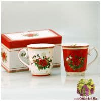 Набор кружек фарфор &quot;Пуансетия на белом&quot; и &quot;Пуансетия на красном&quot; 275 мл. Подарочная упаковка