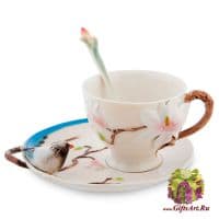 Кофейная пара Синяя птица с ложечкой Фарфор Ручная работа.