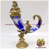 Ваза Рог с конём. Стекло и бронза. Декор Синие слоны. Ручная работа. Высота 51 см