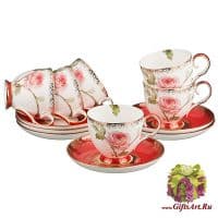 Чайный сервиз Цветок Неаполя Rosso на 6 персон 12 предметов Костяной фарфор