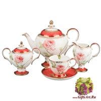 Чайный сервиз Цветок Неаполя Rosso на 6 персон 15 предметов Костяной фарфор