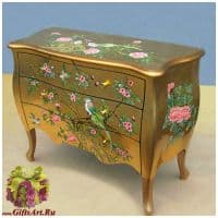 Комод лакированный с ящиками Райские птицы на золотом в цветущем саду. Дерево. МДФ. Высота 75 см.