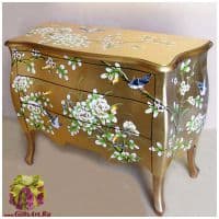 Комод лакированный с ящиками Райские птицы на золотом в императорском саду. Дерево. МДФ. Высота 75 см.