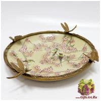 Блюдо бабочки и стрекозы. Фарфор и бронза. Декор Пара птиц в цветущем саду. Ручная работа. 39 см