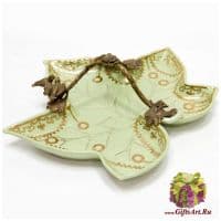Блюдо птички на листе. Фарфор и бронза. Ручная работа. Размер 24 см