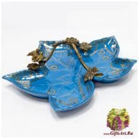 Блюдо птички на листе. Фарфор и бронза. Декор Лазурит. Ручная работа. Размер 24 см