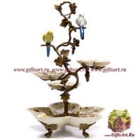 Ваза для фруктов и сладостей Птицы и виноград. Декор Мавританский сад. Фарфор и бронза. Ручная работа. Высота 46 см