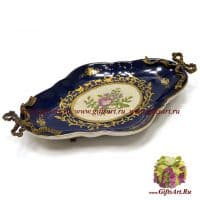 Блюдо банты. Фарфор и бронза. Декор Английская роза кобальт. Ручная работа. 39 см