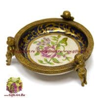 Блюдо под мелочь. Фарфор и бронза. Декор Английская роза кобальт. Ручная работа. Размер 11 см