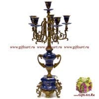 Подсвечник на 6 свечей. Фарфор и бронза. Декор Английская роза кобальт. Ручная работа. Высота 48,5 см
