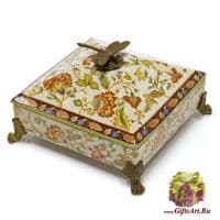 Шкатулка квадратная Стрекоза. Фарфор и бронза. Коллекция Изобилие. Ручная работа. 19 см