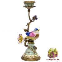 Подсвечник с птичкой левый. Фарфор и бронза. Декор Gartenpalais. Ручная работа. Высота 28 см