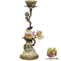 Подсвечник с птичкой правый. Фарфор и бронза. Декор Gartenpalais. Ручная работа. Высота 28 см