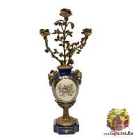 Подсвечник на 3 свечи. Фарфор и бронза. Декор Английская роза кобальт. Ручная работа. Высота 55 см