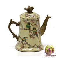 Чайник декоративный. Фарфор и бронза. Декор Пара птиц в цветущем саду. Ручная работа. Размер 13 см