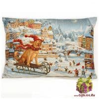 Наволочка гобеленовая новогодняя. Радости в год Жёлтой Собаки! Размер 63х45 см.