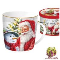Кружка фарфоровая большая Дед Мороз и Снеговик у ёлки. 350 мл Подарочная жестяная упаковка
