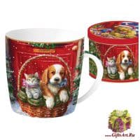 Кружка фарфоровая большая Щенок и котёнок у ёлки. 350 мл Подарочная жестяная упаковка
