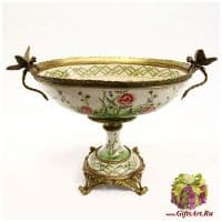 Ваза фруктовница Две Стрекозы. Фарфор и бронза. Декор Луговые цветы. Ручная работа. 33 см