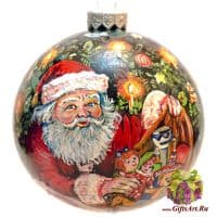 Ёлочный шар из стекла Дед Мороз и Ангелы Ручная художественная роспись. 10 см Подарочная упаковка