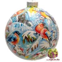Ёлочный шар из стекла Снегири. Ручная художественная роспись. 10 см Подарочная упаковка
