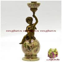 Подсвечник Ангел из серии Небесные музыканты левый. Фарфор и бронза. Декор Пара птиц в цветущем саду. 31 см