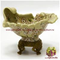 Чаша Волна. Фарфор и бронза. Ручная работа. Декор Пара птиц в цветущем саду. 21 см