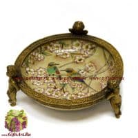 Блюдо под мелочь. Фарфор и бронза. Декор Пара птиц в цветущем саду. Ручная работа. 11 см