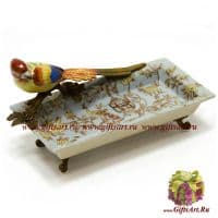 Блюдо Золотой фазан. Фарфор и бронза. Декор Павлин в саду. Ручная работа. Длина 21 см