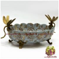 Чаша Стрекозы. Фарфор и бронза. Декор Павлин в саду. Ручная работа. Длина 38 см