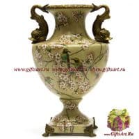 Ваза Чудо-юдо. Фарфор и бронза. Декор Пара птиц в цветущем саду. Ручная работа. Высота 35 см