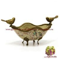 Вазочка. Фарфор и бронза. Декор Пара птиц в цветущем саду. Ручная работа. Длина 23 см