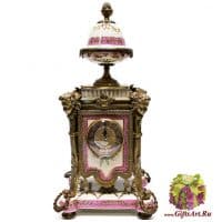 Часы каминные. Фарфор и бронза. Декор Императорский сад. Ручная работа. Высота 58 см