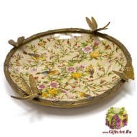 Блюдо бабочки и стрекозы. Фарфор и бронза. Коллекция Лето в раю. Ручная работа. 39 см