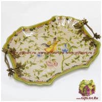 Блюдо. Фарфор и бронза. Декор Соловей и вьюнок. Ручная работа. 35 см