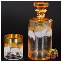 Набор для виски штоф и 6 бокалов Перо ангела. Медовый. Богемское стекло. Золочение. Чехия